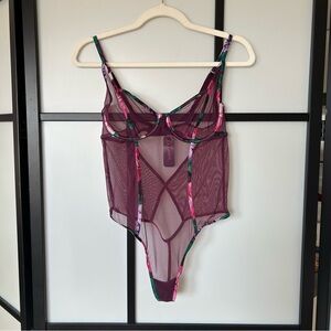 [M] NWT La SENZA Plum Semi-Structured Sheer One Piece Teddy w/Floral Accents